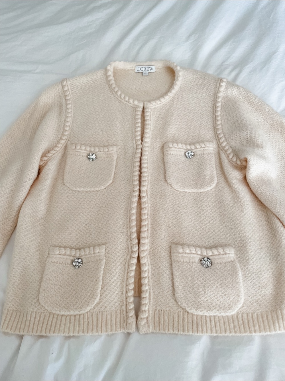 J. Crew Cream Textured Knit Cardigan with Jewel Pocket Buttons